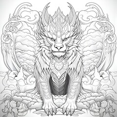 Coloring book page for kids and adults of a majestic griffin with intricate details and patterns adorning its wings, body, and tail