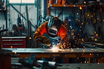 A worker is welding metal pieces in the factory, sparks flying around him