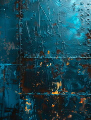 weathered steel surface with scratches, rust, and oil stains, reflecting a neon blue light. Gritty and textured.
