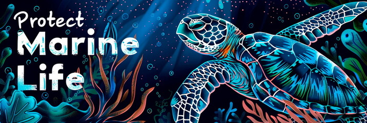 sea turtle swimming through ocean plastic pollution, Protect Marine Life