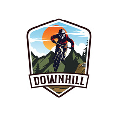Mountain bike logo design. Extreme downhill biker vintage logo illustration vector
