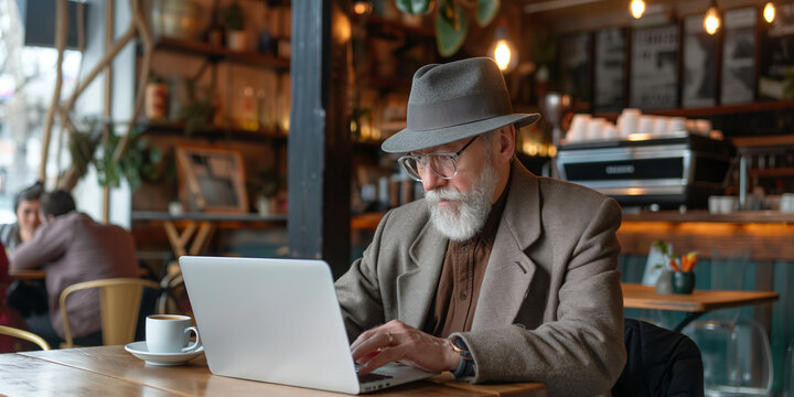 Retired professional sitting in a modern cafe, deeply engrossed in writing his blog on a sleek laptop, with a cup of artisan coffee by his side.