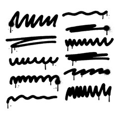 Urban graffiti grunge rough underline handrawn brushstrokes. Bold sprayed freehand stripes and paint shapes. Street art doodle scribbles. Vector isolated illustration of horizontal emphasis, scrawl