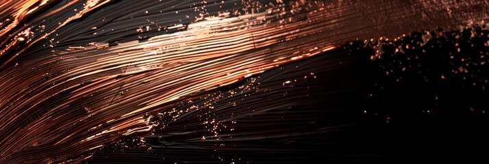 Rose gold brushstrokes on a black canvas, abstract, metallic sheen