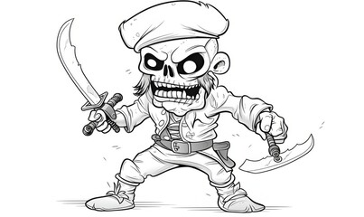 Coloring book page for kids of a cartoon skeleton pirate with a sword in each hand.