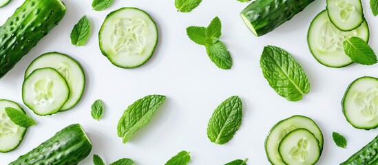 Overhead flat lay shot of fresh cucumber slices and mint leaves on a white background, with copy space. Design for a banner showcasing healthy organic food.
