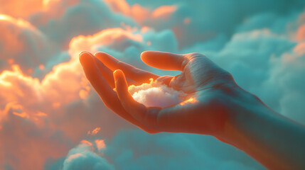 A hand holding up a cloud in the sky