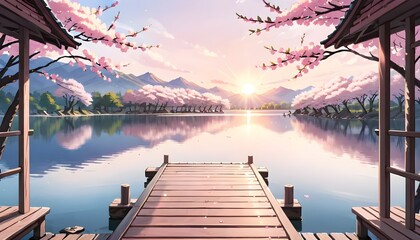 serene lake with a wooden jetty surrounded by Cherry Blossom, During sunrise. Anime style illustration Generated by ai