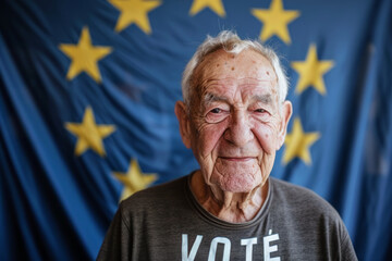 A portrait of an older European election voter portrait in front of the European Union flag