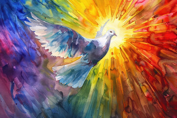 Obraz premium Rainbow dove flying gracefully upwards., the Ascension of Christ, the ascension of Jesus into heaven, a festival celebrated by Christians.