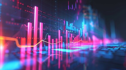 3D chart and trend graph arrow symbolizing data analysis in financial and stock market contexts. Vector concept illustration.