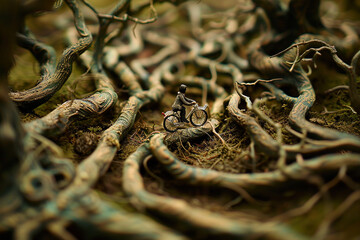 : A whimsical scene featuring a miniature bicycle navigating a maze of tangled vines in a enchanted forest.