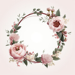 Floral wreath with pink roses and ivy, botanical blank shape. Floral circle template for cards, invitations, congratulations