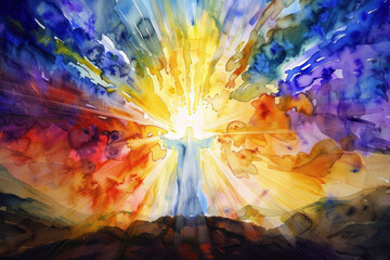 Jesus Ascension Watercolor Painting, the Ascension of Christ, the ascension of Jesus into heaven, a festival celebrated by Christians.