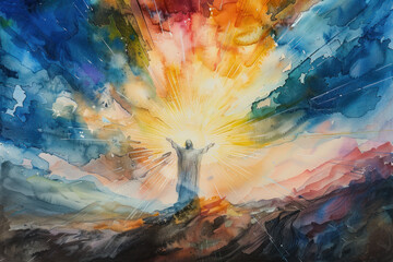"Divine Ascension in Watercolor Art", the Ascension of Christ, the ascension of Jesus into heaven, a festival celebrated by Christians.