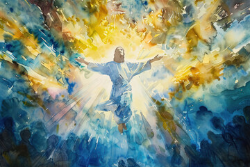 "Jesus Ascension Watercolor Painting", the Ascension of Christ, the ascension of Jesus into heaven, a festival celebrated by Christians.