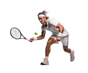 Tennis player in a white outfit, ready to return a serve with intense concentration, isolated on transparent. Generative AI