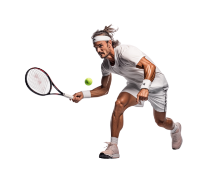 Tennis player in a white outfit, ready to return a serve with intense concentration, isolated on transparent. Generative AI