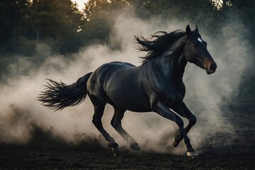 Gorgeous black horse galloping through the smoke