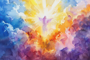 Jesus Ascension in Watercolor Brushstrokes, the Ascension of Christ, the ascension of Jesus into heaven, a festival celebrated by Christians.