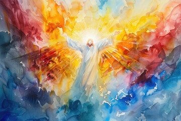 Ascension - Watercolor Painting Jesus, the Ascension of Christ, the ascension of Jesus into heaven, a festival celebrated by Christians.