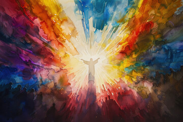 Ascension Watercolor Painting of Jesus, the Ascension of Christ, the ascension of Jesus into heaven, a festival celebrated by Christians.