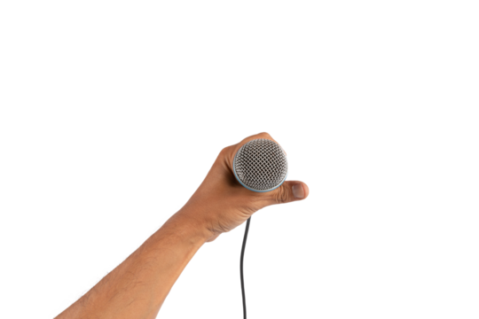 Black male singer hand holding a microphone isolated no background - Powered by Adobe