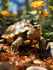 Naklejka premium A small turtle is crawling on the ground. The turtle has a brown shell with yellow markings. There are yellow flowers in the background.