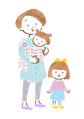 子供（女の子）をスリングで抱っこする母親とお姉ちゃんの手描きイラスト