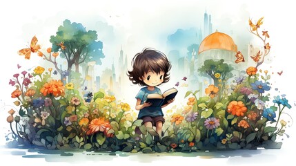 Little girl reading a book in a field of flowers.
