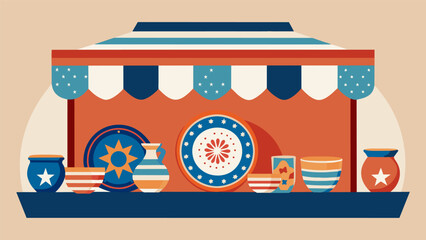 Obraz premium A booth filled with handmade pottery and ceramic plates featuring intricate designs of stars and stripes invokes a sense of admiration and pride.. Vector illustration