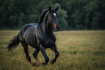 Obraz premium Beautiful black horse playing on the field