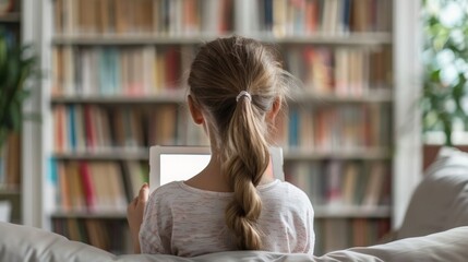 Back view of a little girl with a braided ponytail reading an e-book on her tablet, cozy at home