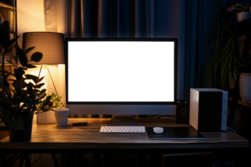 Modern designer desktop with a blank computer screen, and other items. Mockup