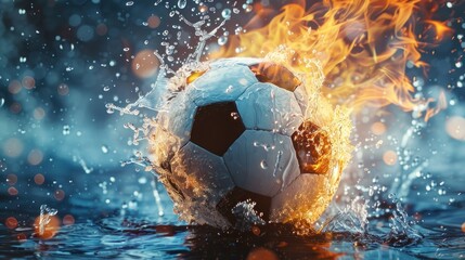 A soccer ball is in the water with a splash of water around it
