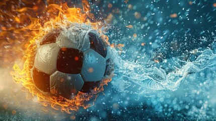 A soccer ball is surrounded by fire and water