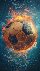 A soccer ball is surrounded by fire and water