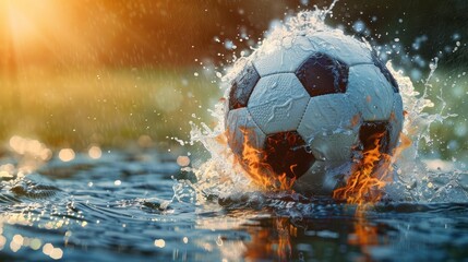 A soccer ball is in the water with a splash of water around it