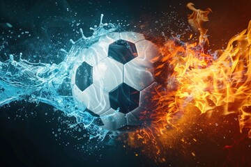 Fototapeta premium A soccer ball is surrounded by fire and water