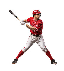 Baseball player in mid-swing with focus and force, sporting a team uniform, helmet, and gloves, isolated on transparent background. Generative AI