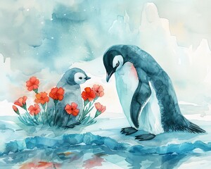Serene Mother's Day theme in watercolor, featuring a vintage penguin and her son with carnation flowers on polar ice, portrayed in bright pastels and heartfelt nuances