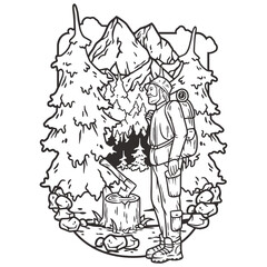 Line art illustration depicting a hiker amidst a forest and mountainous backdrop, symbolizing the essence of outdoor camping and the call of the wild, framed in a natural outline
