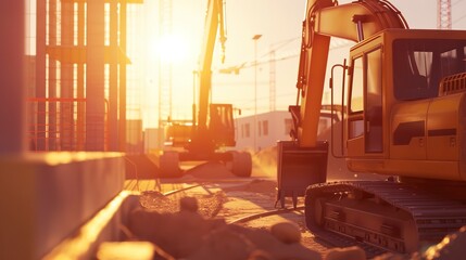 Sunrise over a bustling construction site, warm light, close-up on machinery, dynamic angle