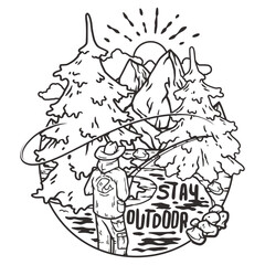 Line art illustration showcases a captivating outdoor scene with mountains, tall trees, a hiker for fishing, camping and hiking enthusiasts