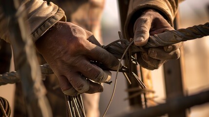 Construction workerâ€™s hands tying rebar, close-up, clear morning light, high detail