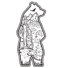 Serene wilderness adventure outline art and vector illustration depicting nature, camping, hiking, and wildlife in a minimalist, eco-friendly, and tranquil black and white landscape