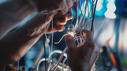 Electrical wiring installation, indoor light, close-up on hands and tools, focused task 