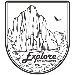 Line art illustration depicting a mountainous landscape for outdoor enthusiasts and nature-themed projects. Elegantly simple and evocative design