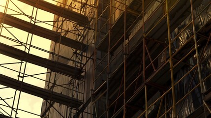 Scaffolding against a building under construction, detailed textures, close-up, backlit by sunset