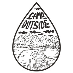 Line art outdoor adventures, featuring mountains, camping gear, and the phrase camp outside within a drop shape, ideal for nature enthusiasts